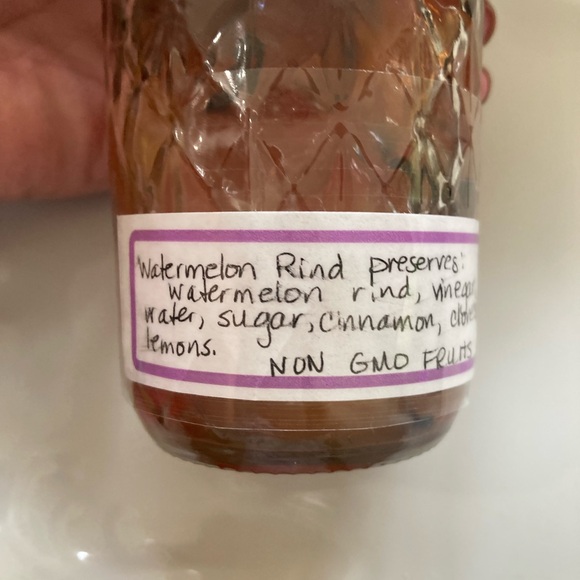 One half pint jar of Non GMO watermelon rind preserves from Yellow Flower Farm. - Picture 3 of 4